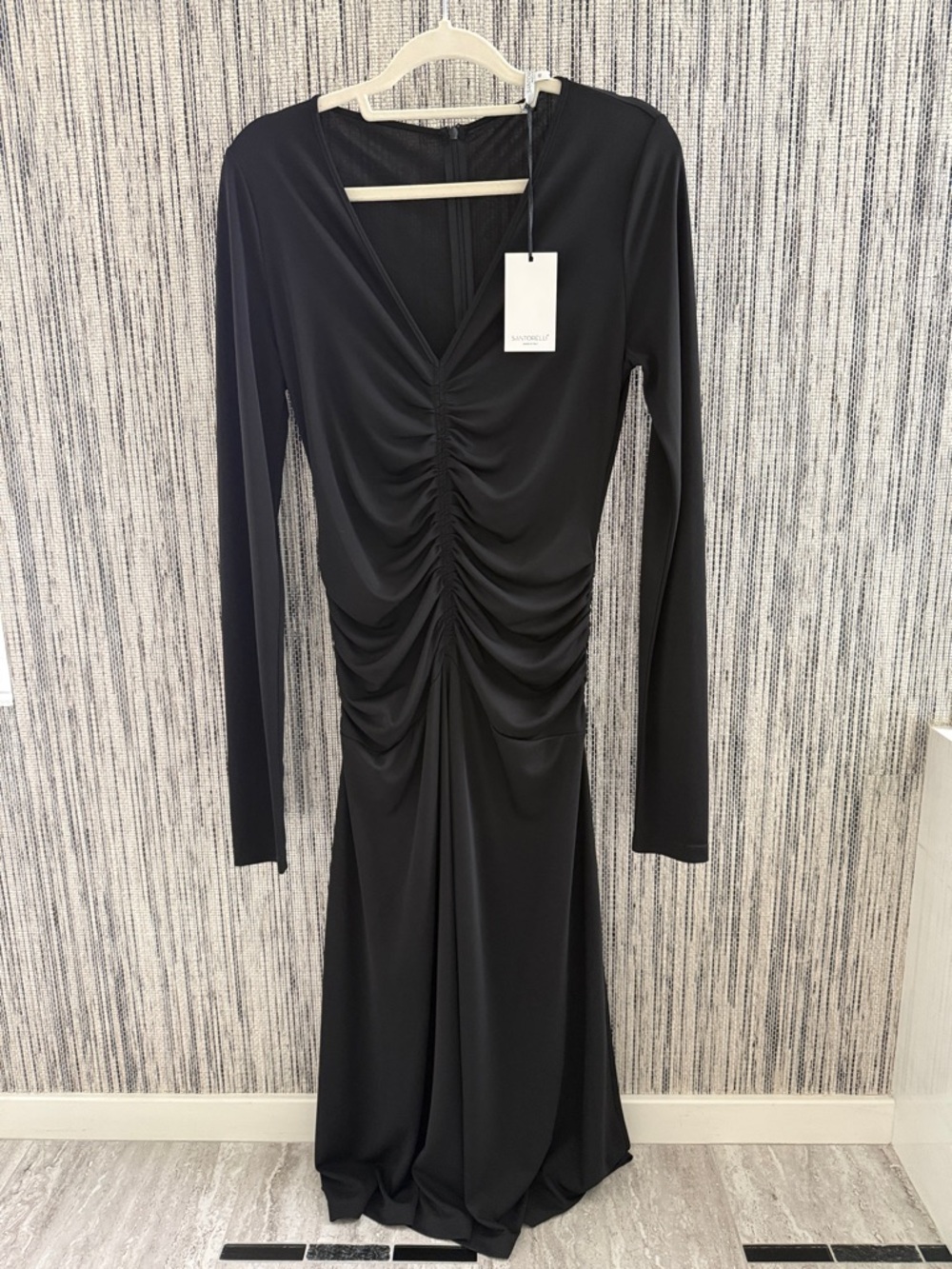 Santorelli Black Ruched V-Neck Long Sleeve Dress made in Italy.